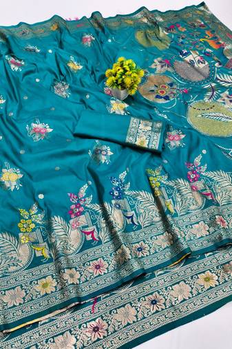 Blue zari woven banarasi silk blend saree with blouse piece