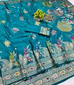 Blue zari woven banarasi silk blend saree with blouse piece