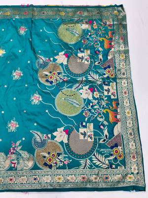 Blue zari woven silk blend saree with blouse piece 2