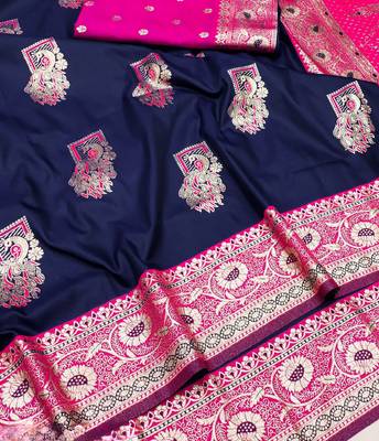 Dark blue zari woven silk blend saree with blouse piece 2