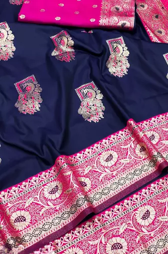 Dark blue zari woven silk blend saree with blouse piece