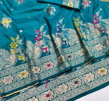 Blue zari woven silk blend saree with blouse piece 3