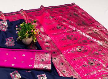 Dark blue zari woven silk blend saree with blouse piece 3