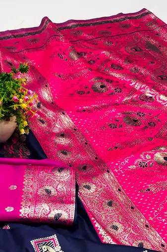 Dark blue zari woven silk blend saree with blouse piece
