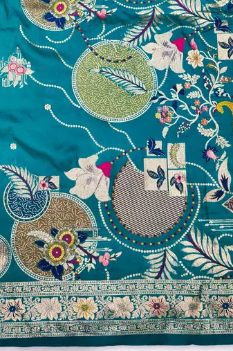 Blue zari woven silk blend saree with blouse piece