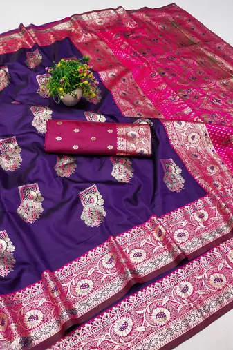 Purple zari woven banarasi silk blend saree with blouse piece