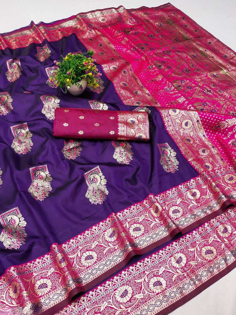Purple zari woven banarasi silk blend saree with blouse piece