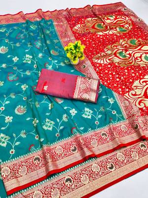Rama zari woven silk blend saree with blouse piece 1