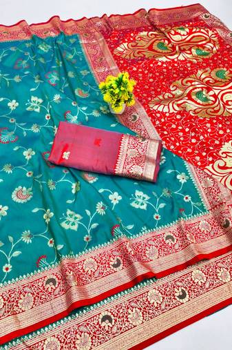 Rama zari woven banarasi silk blend saree with blouse piece