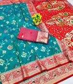 Rama zari woven banarasi silk blend saree with blouse piece