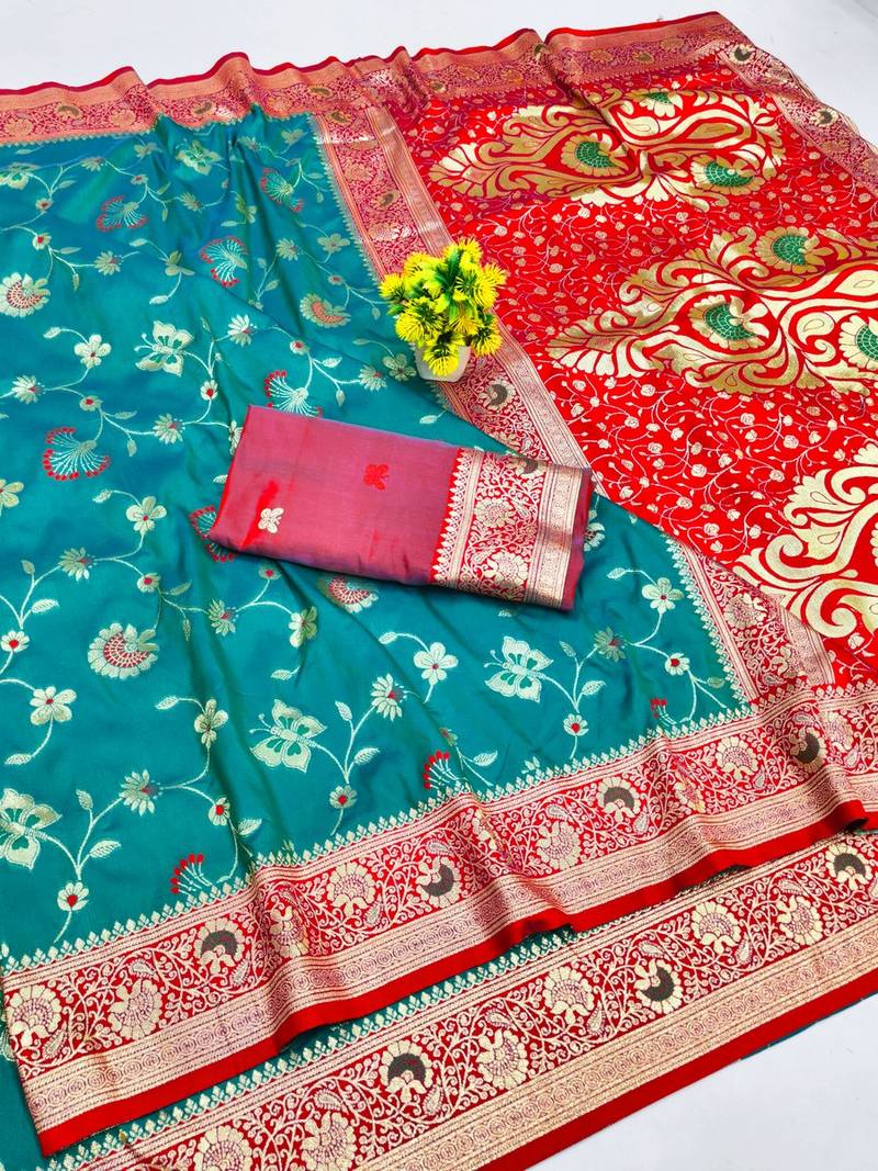 Rama zari woven banarasi silk blend saree with blouse piece