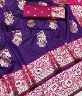 Purple zari woven silk blend saree with blouse piece 2