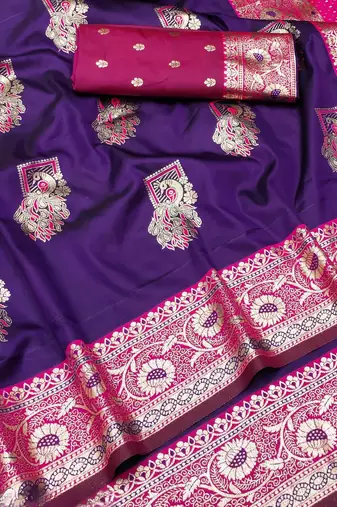 Purple zari woven silk blend saree with blouse piece