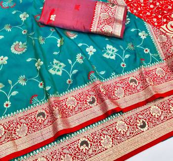 Rama zari woven silk blend saree with blouse piece 3