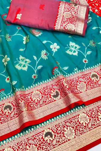 Rama zari woven silk blend saree with blouse piece