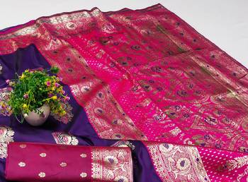 Purple zari woven silk blend saree with blouse piece 3