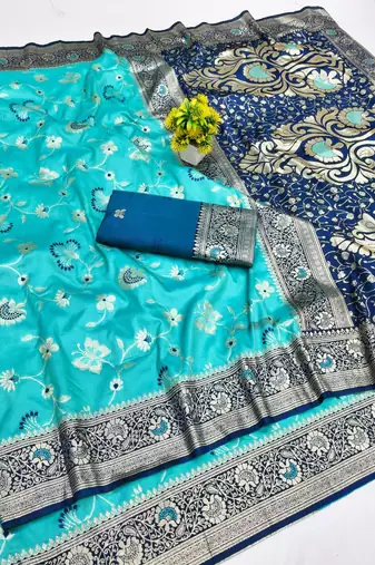 Light blue zari woven banarasi silk blend saree with blouse piece