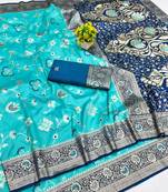 Light blue zari woven banarasi silk blend saree with blouse piece