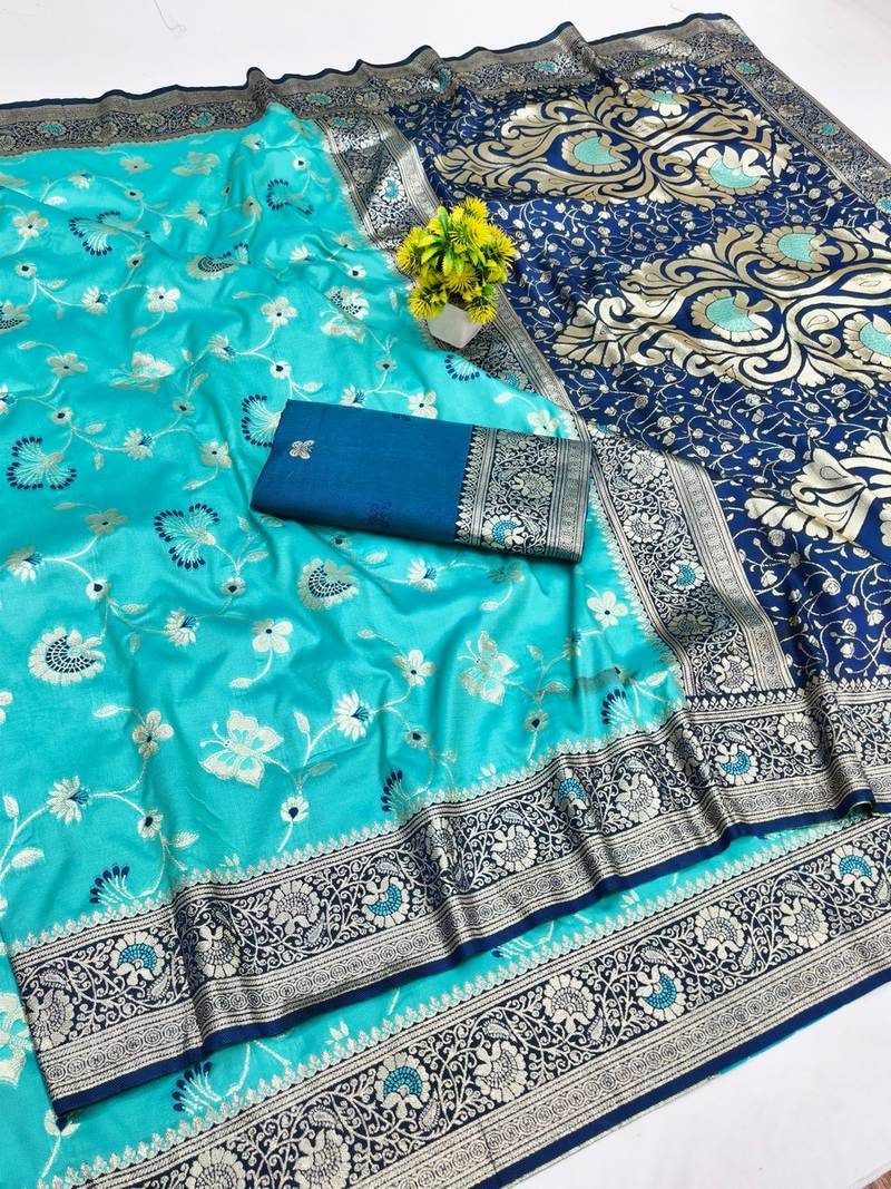 Light blue zari woven banarasi silk blend saree with blouse piece