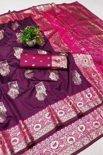 Wine zari woven banarasi silk blend saree with blouse piece