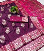 Wine zari woven banarasi silk blend saree with blouse piece