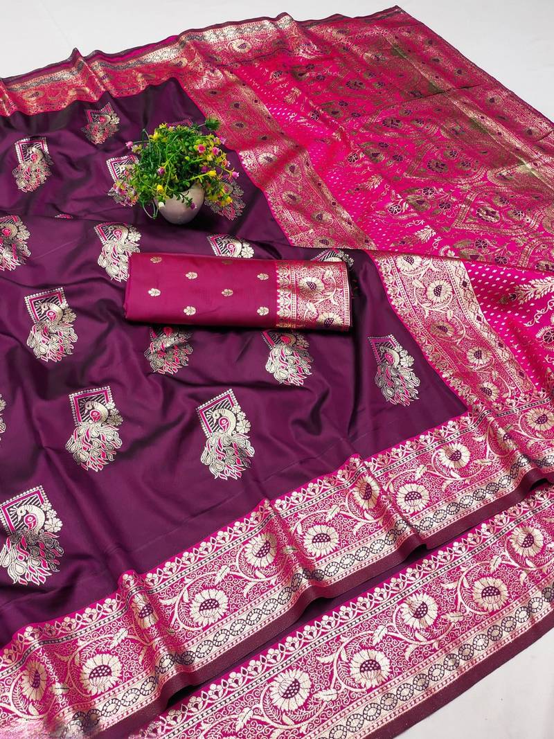 Wine zari woven banarasi silk blend saree with blouse piece