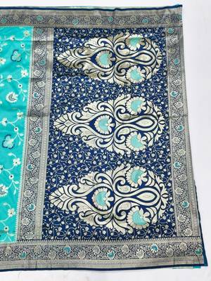 Light blue zari woven silk blend saree with blouse piece 2