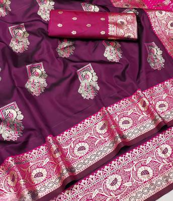 Wine zari woven silk blend saree with blouse piece 2