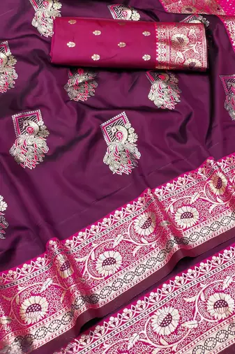 Wine zari woven silk blend saree with blouse piece