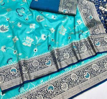 Light blue zari woven silk blend saree with blouse piece 3