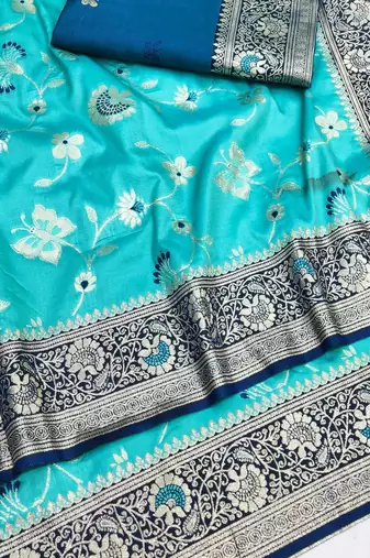 Light blue zari woven silk blend saree with blouse piece