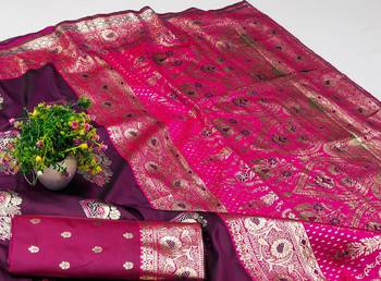 Wine zari woven silk blend saree with blouse piece 3