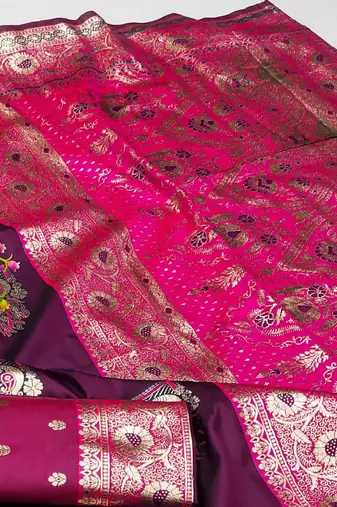 Wine zari woven silk blend saree with blouse piece