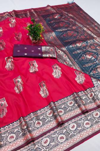 Pink zari woven banarasi silk blend saree with blouse piece