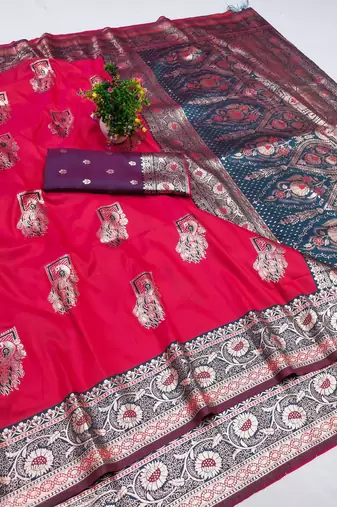 Pink zari woven banarasi silk blend saree with blouse piece