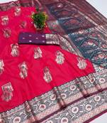 Pink zari woven banarasi silk blend saree with blouse piece