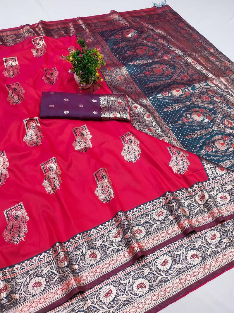 Pink zari woven banarasi silk blend saree with blouse piece