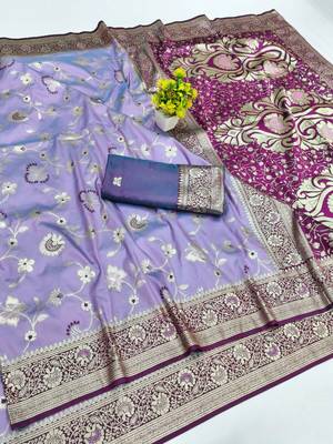 Light purple zari woven silk blend saree with blouse piece 1