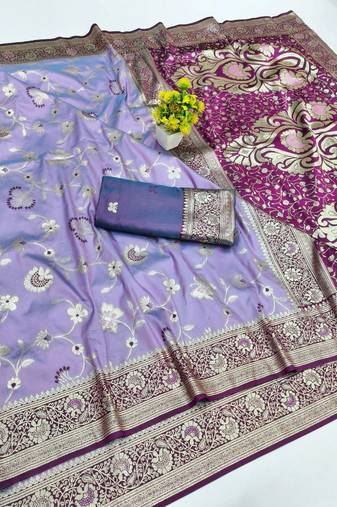 Light purple zari woven banarasi silk blend saree with blouse piece