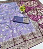 Light purple zari woven banarasi silk blend saree with blouse piece