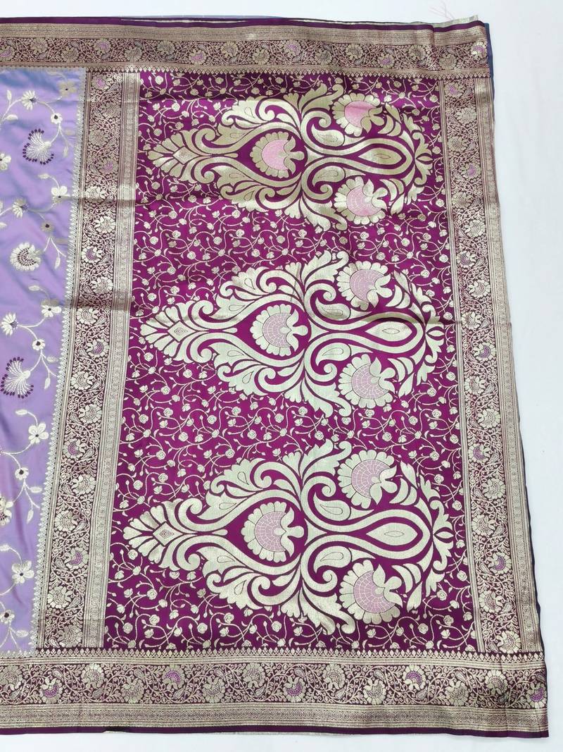 Light purple zari woven banarasi silk blend saree with blouse piece