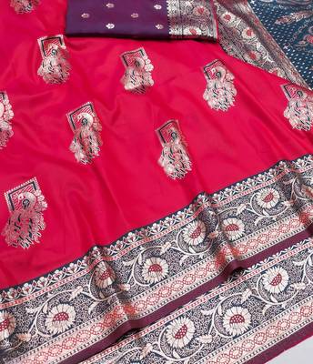 Pink zari woven silk blend saree with blouse piece 2