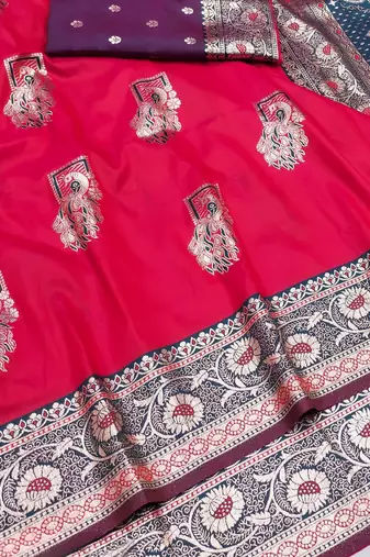 Pink zari woven silk blend saree with blouse piece