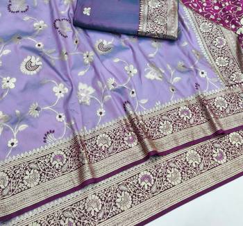 Light purple zari woven silk blend saree with blouse piece 3