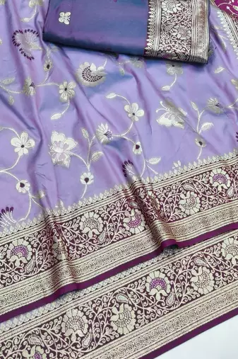 Light purple zari woven silk blend saree with blouse piece