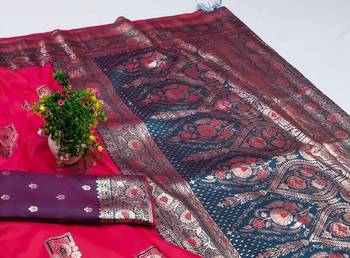 Pink zari woven silk blend saree with blouse piece 3