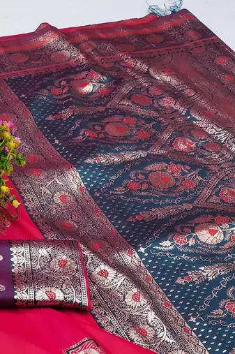 Pink zari woven silk blend saree with blouse piece
