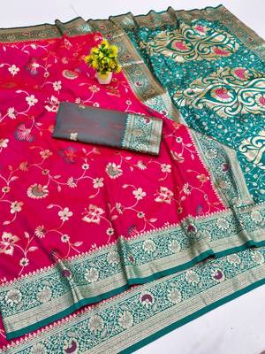 Rani pink zari woven silk blend saree with blouse piece 1