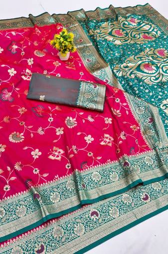 Rani pink zari woven banarasi silk blend saree with blouse piece