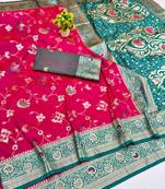 Rani pink zari woven banarasi silk blend saree with blouse piece